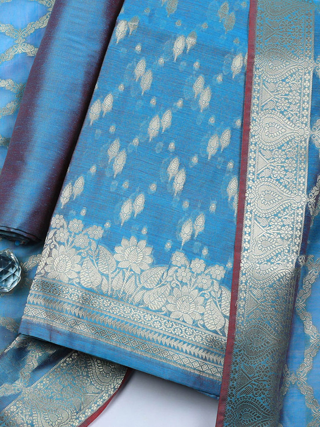 Woven Design Art Silk Unstitched Suit With Pant &amp; Dupatta