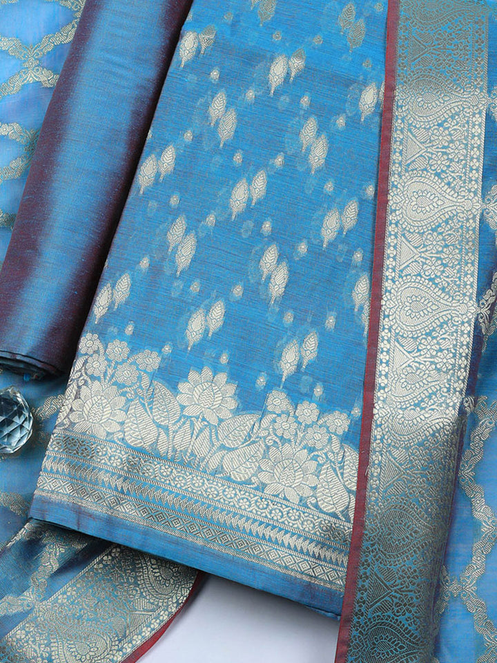 Woven Design Art Silk Unstitched Suit With Pant &amp; Dupatta