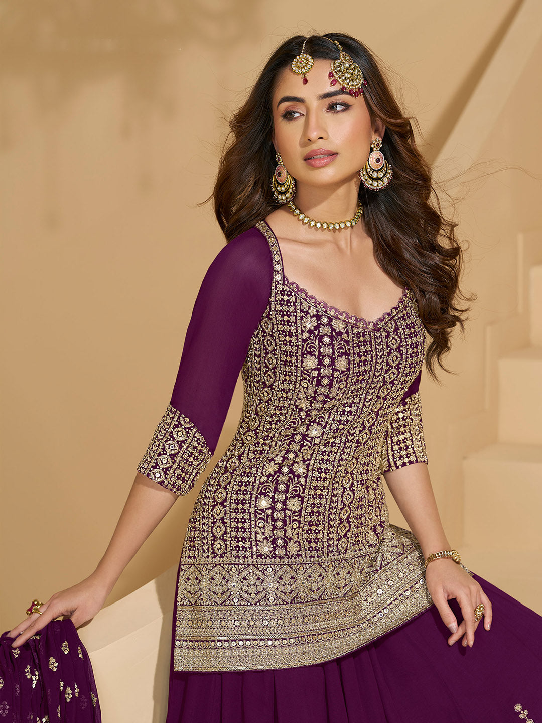 Embroidered Georgette Kurti With Skirt &amp; Dupatta