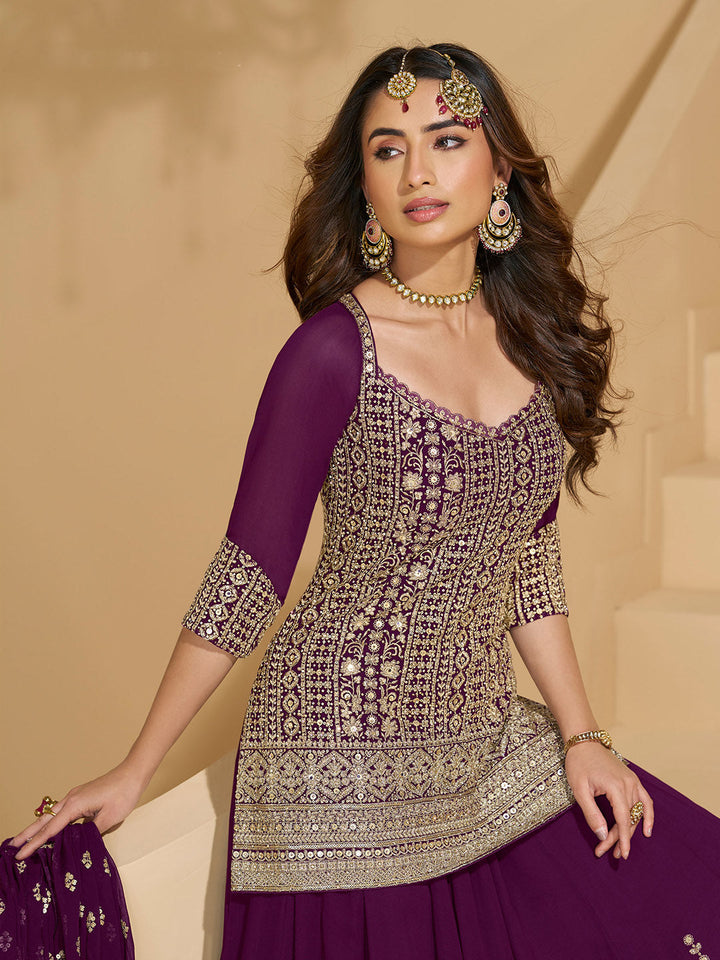 Embroidered Georgette Kurti With Skirt &amp; Dupatta