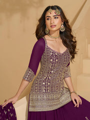 Embroidered Georgette Kurti With Skirt & Dupatta