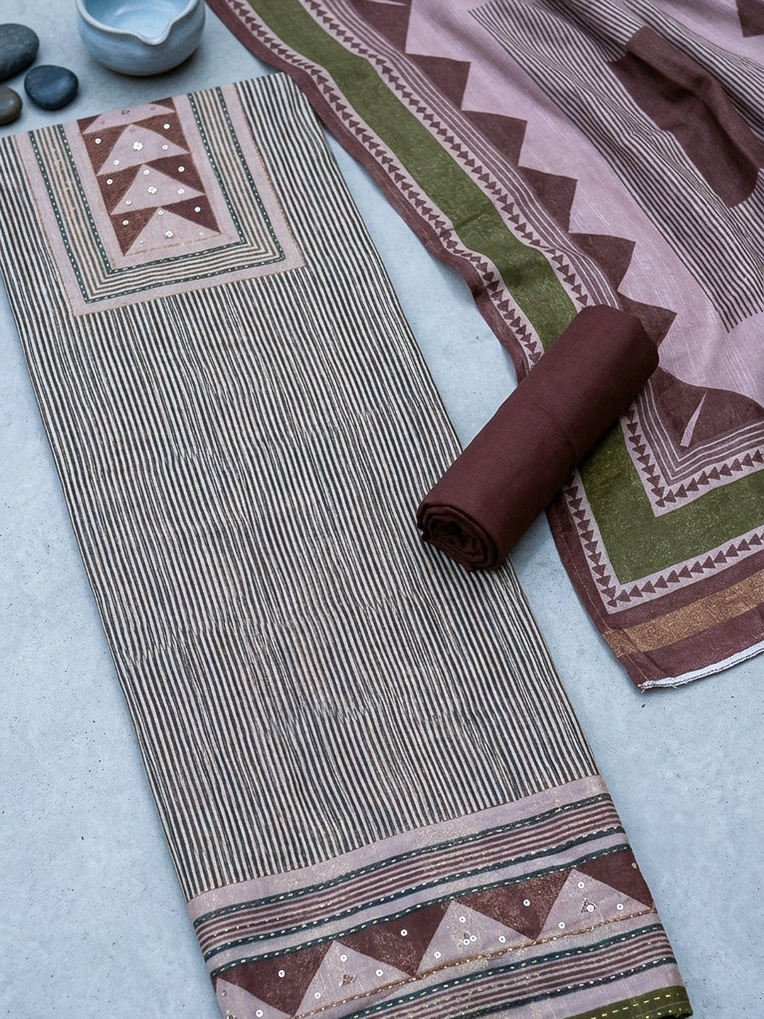 Printed Linen Blend Unstitched Suit With Pant &amp; Dupatta