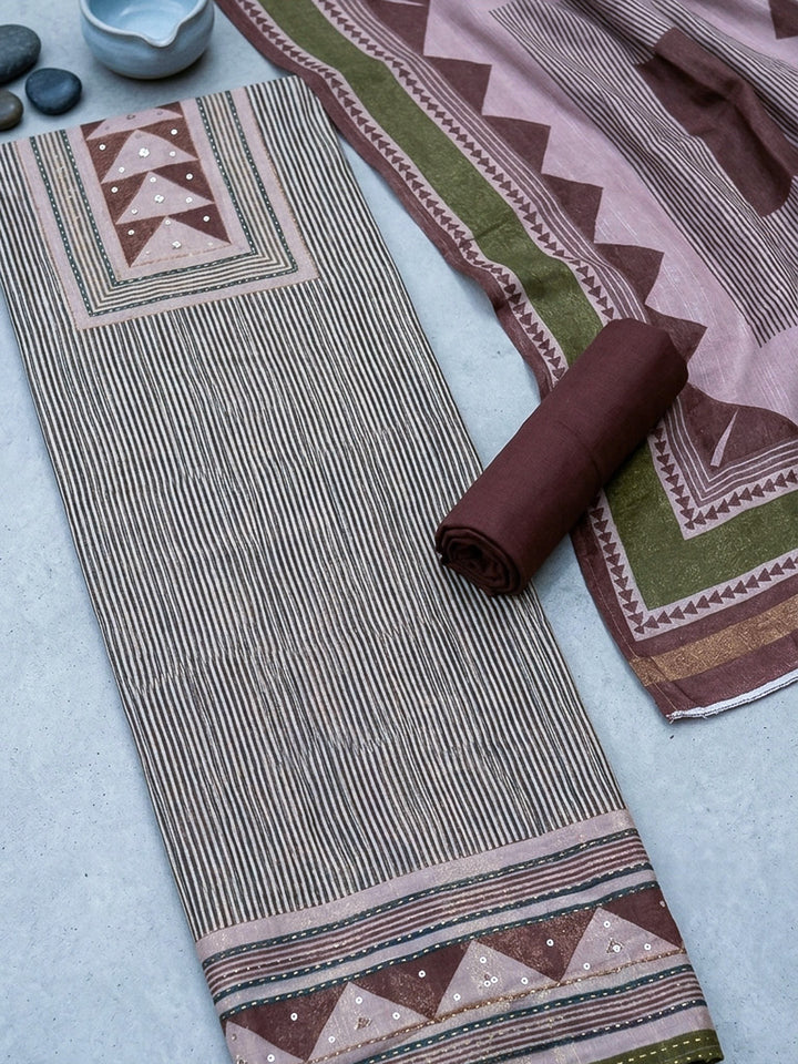 Printed Linen Blend Unstitched Suit With Pant &amp; Dupatta