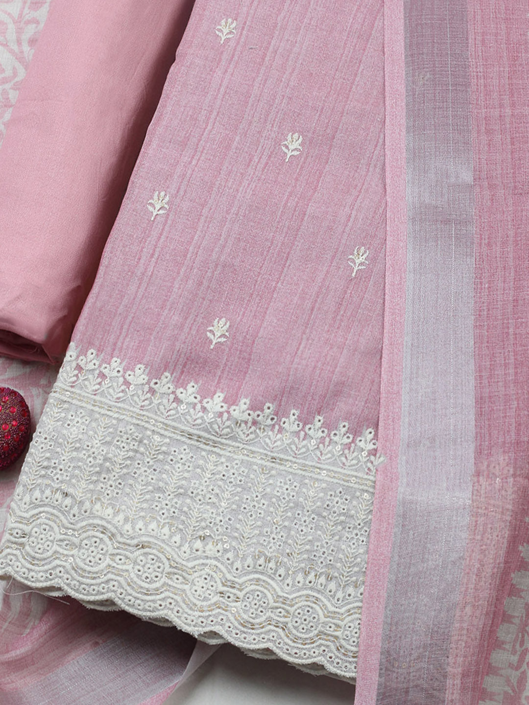 Embroidered Linen Blend Unstitched Suit With Pant &amp; Dupatta