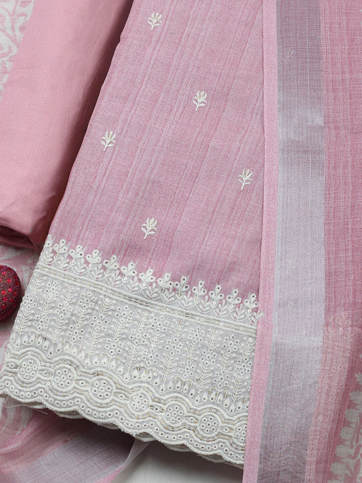 Embroidered Linen Blend Unstitched Suit With Pant &amp; Dupatta