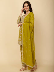 Floral Embroidery Georgette Kurti With Pants & Dupatta