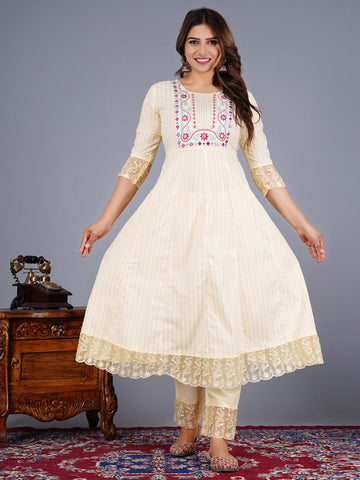 Cotton Anarkali Embroidered Suit Set With Lace