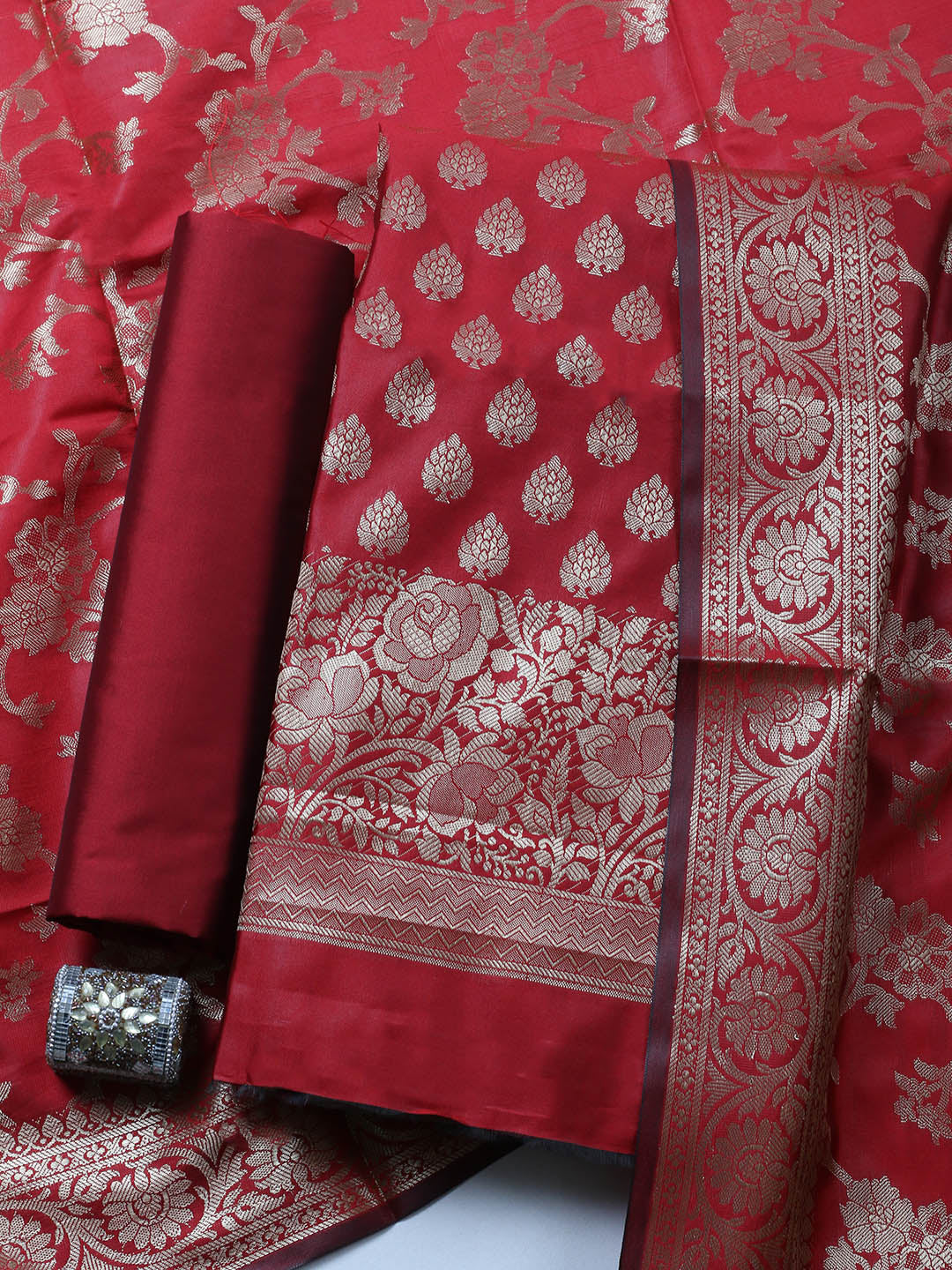 Banarasi Chanderi Unstitched Suit With Pant &amp; Dupatta