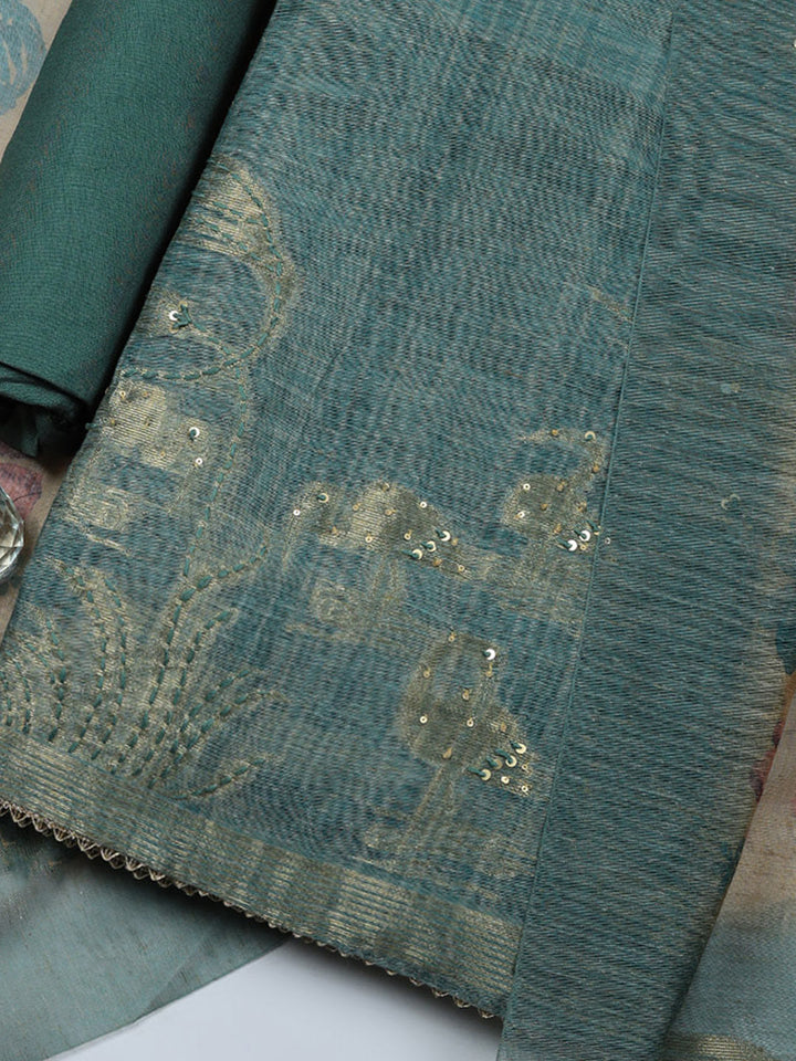 Woven Design Chanderi Unstitched Suit With Pant &amp; Dupatta