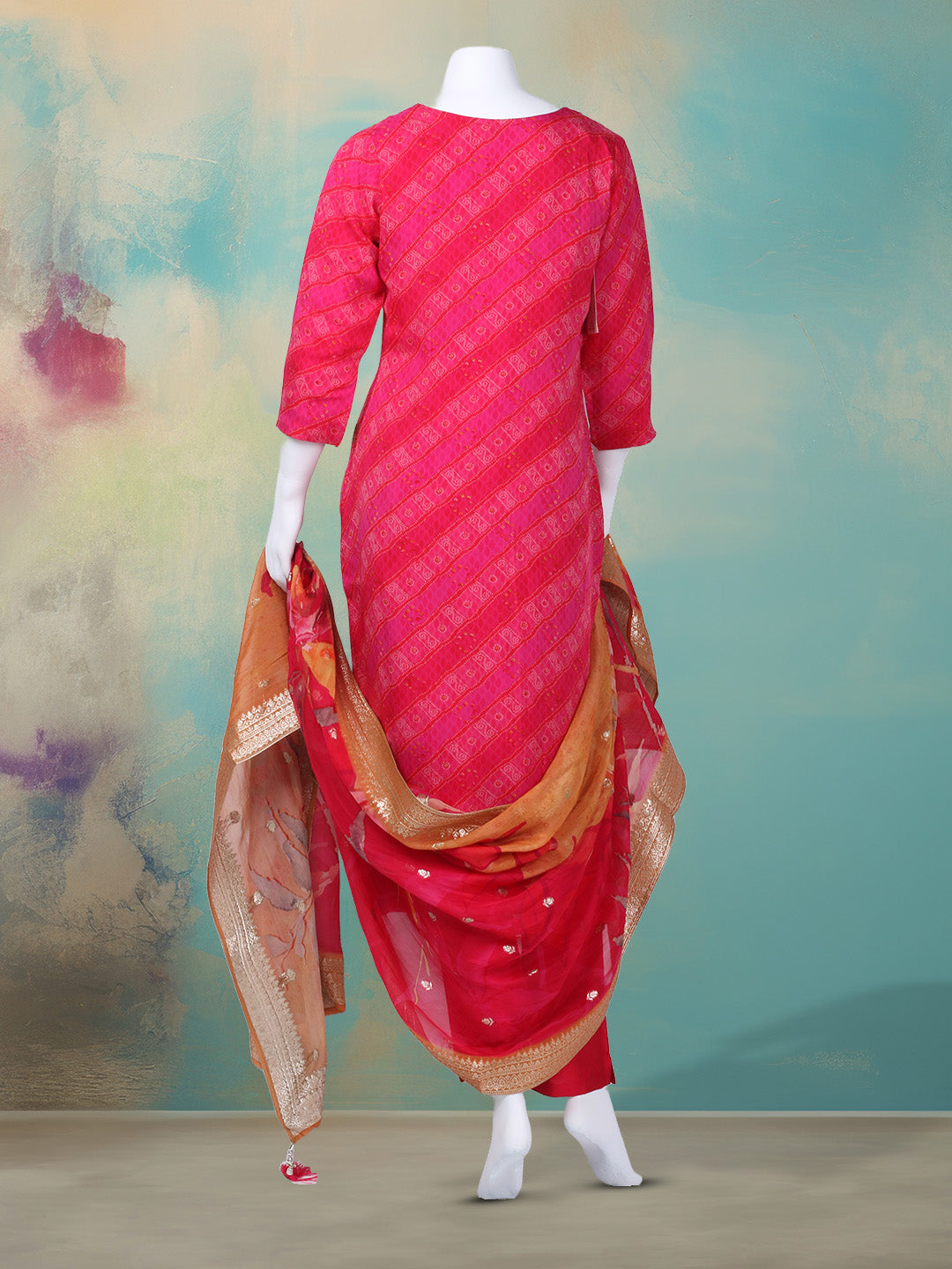 Bandhani Printed Organza Kurta With Pants & Dupatta