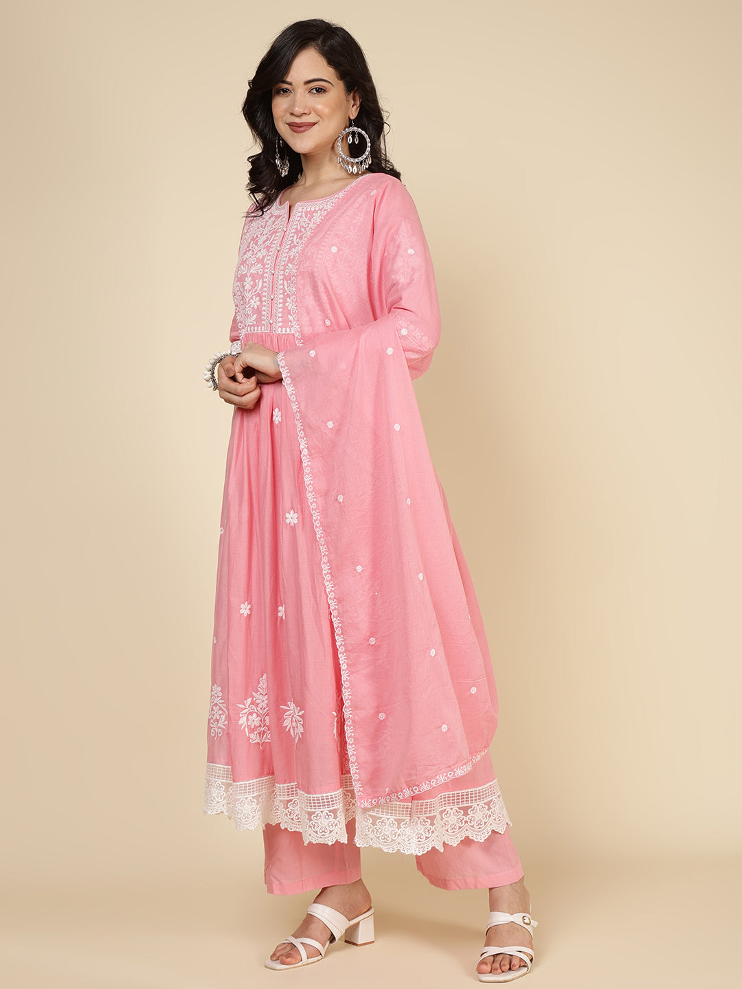 Embroidered Cotton Blend Kurta With Pants & Dupatta