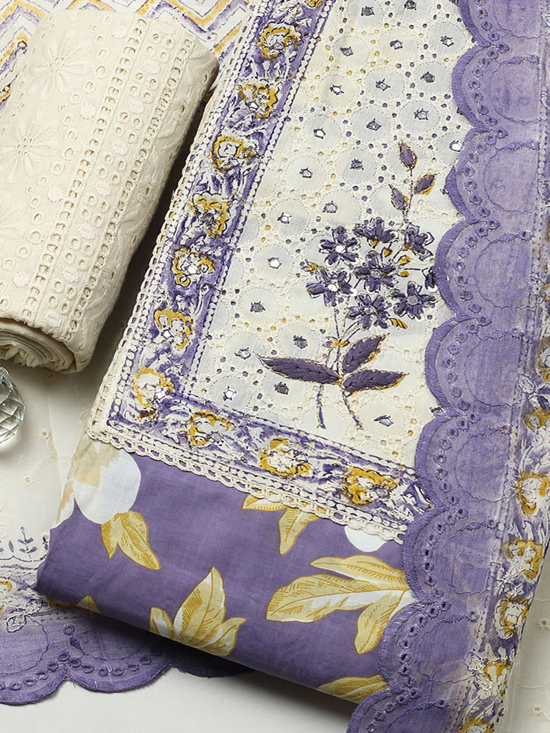 Printed Cotton Blend Unstitched Suit With Pant &amp; Dupatta