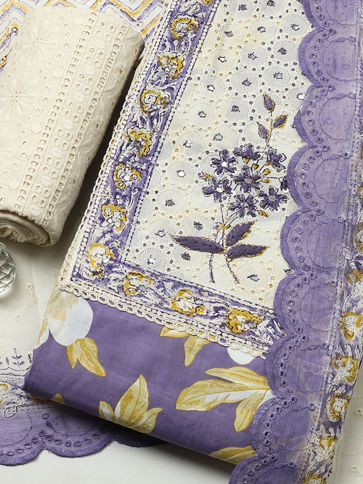 Printed Cotton Blend Unstitched Suit With Pant &amp; Dupatta