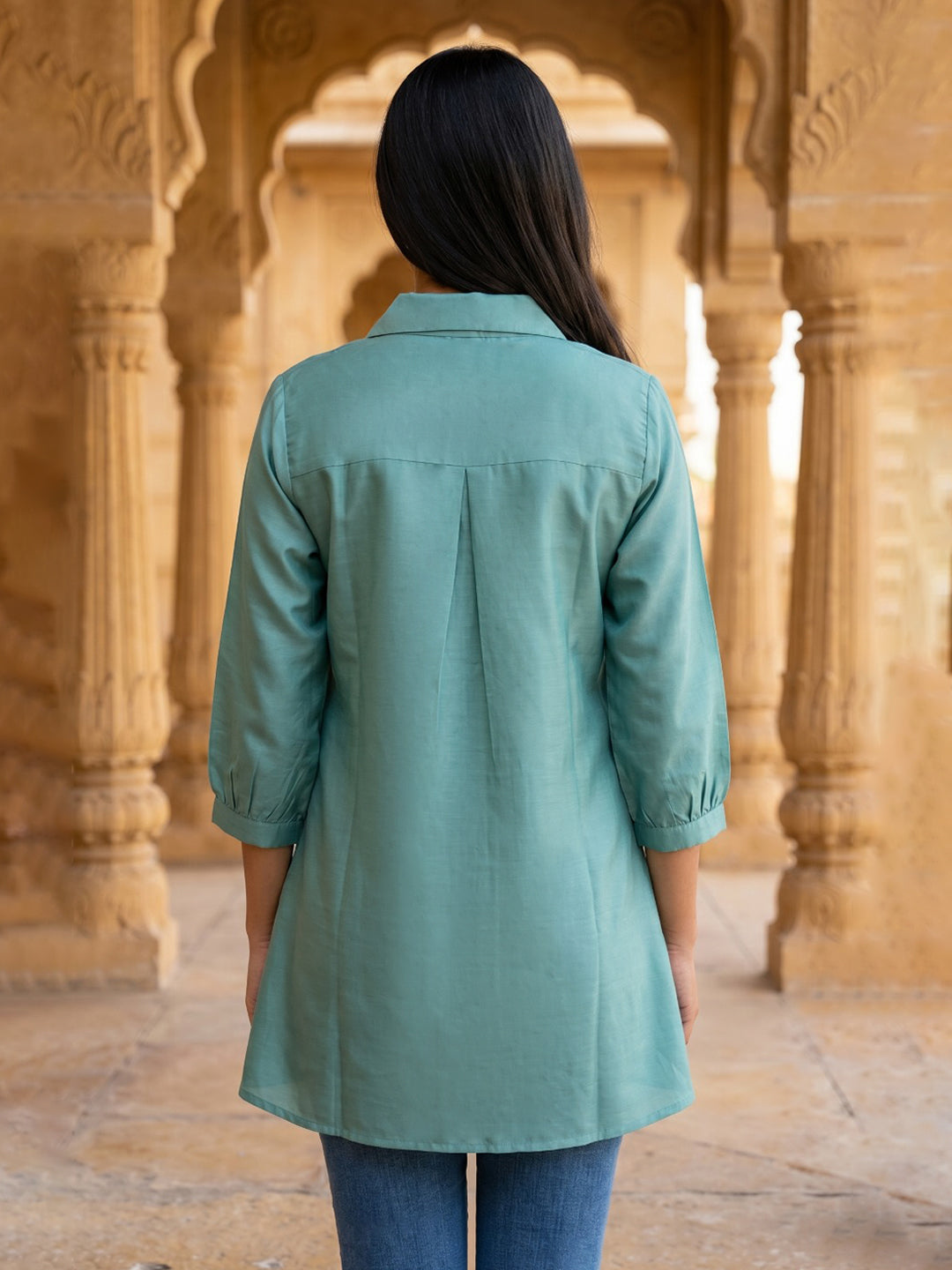 Sky Blue Embroidered Cotton Blend Straight Kurta