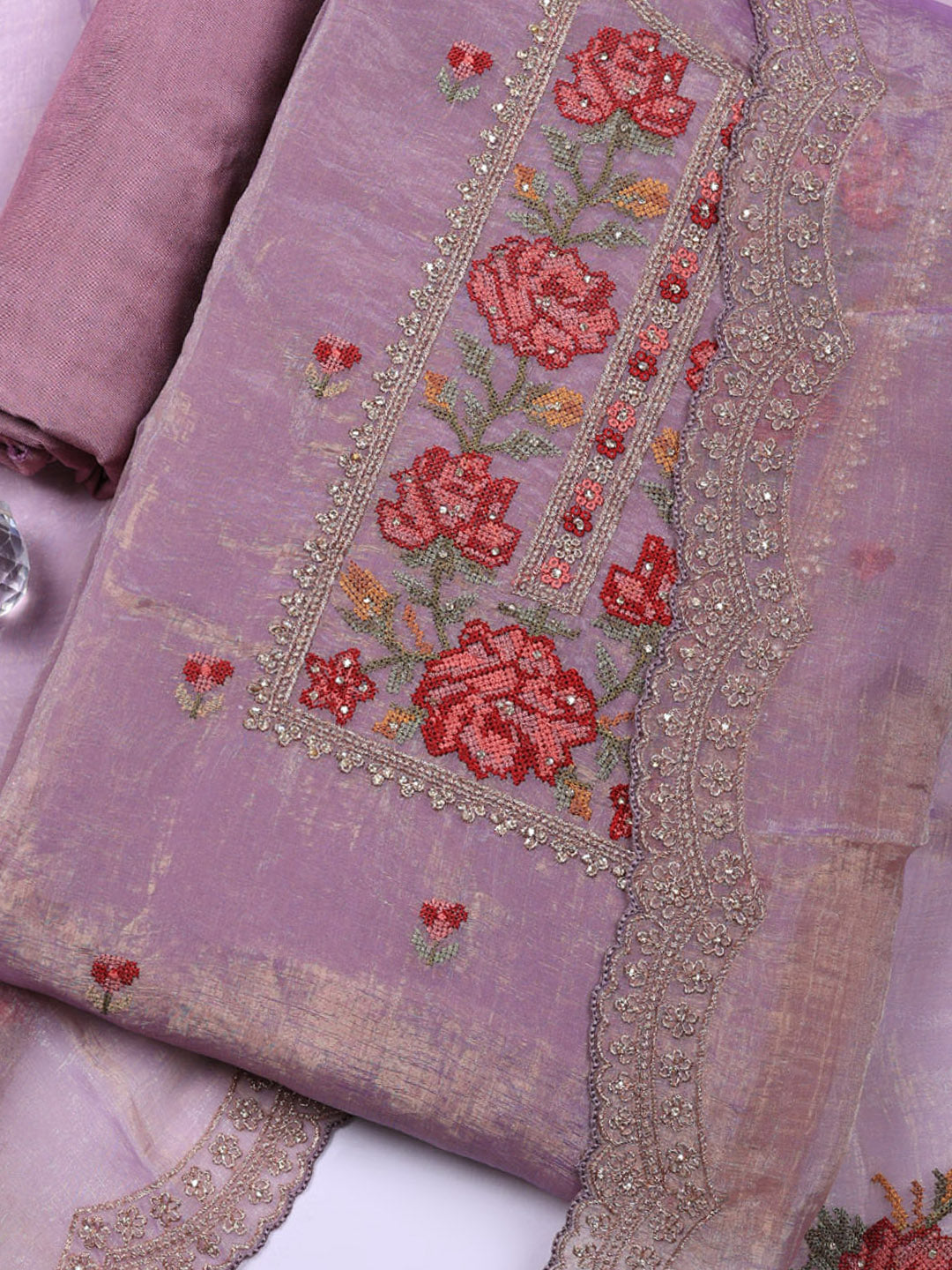 Embroidered Tissue Unstitched Suit With Pant &amp; Dupatta