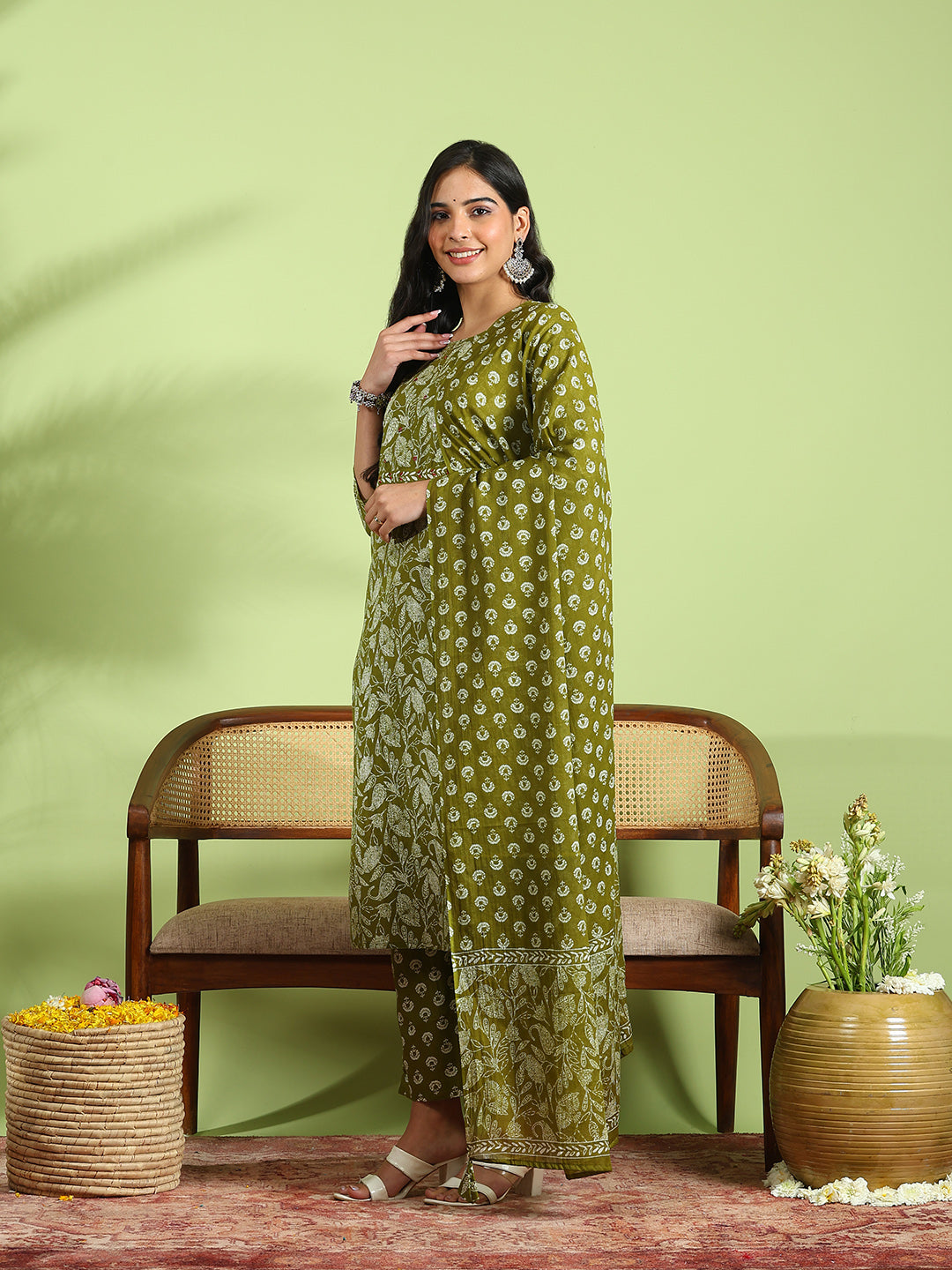 Printed Cotton Kurta With Pant &amp; Dupatta