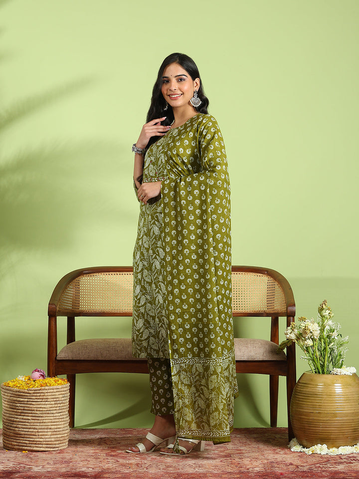 Printed Cotton Kurta With Pant &amp; Dupatta