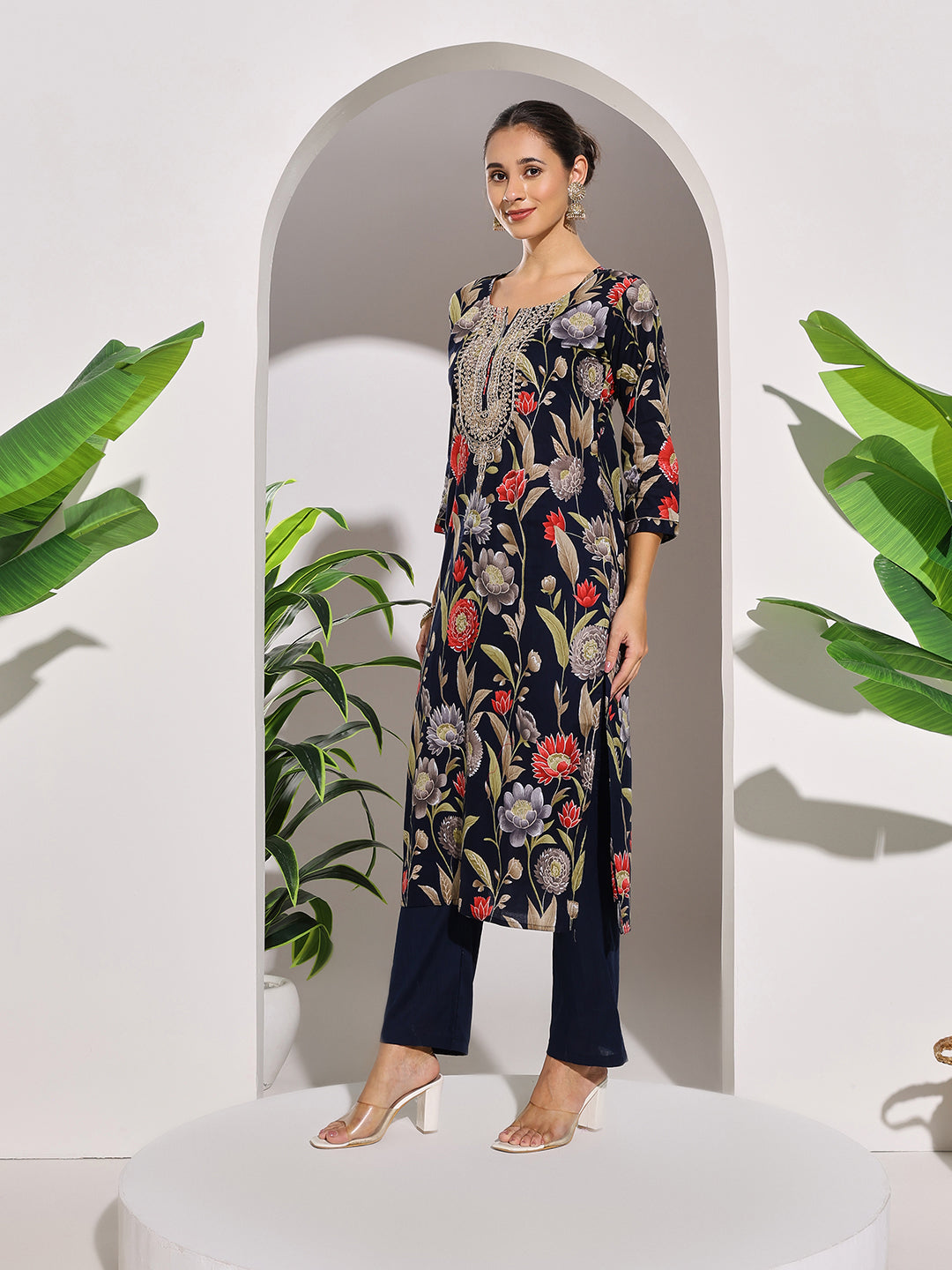 Neck Embroidered Cotton Blend Kurta With Pants