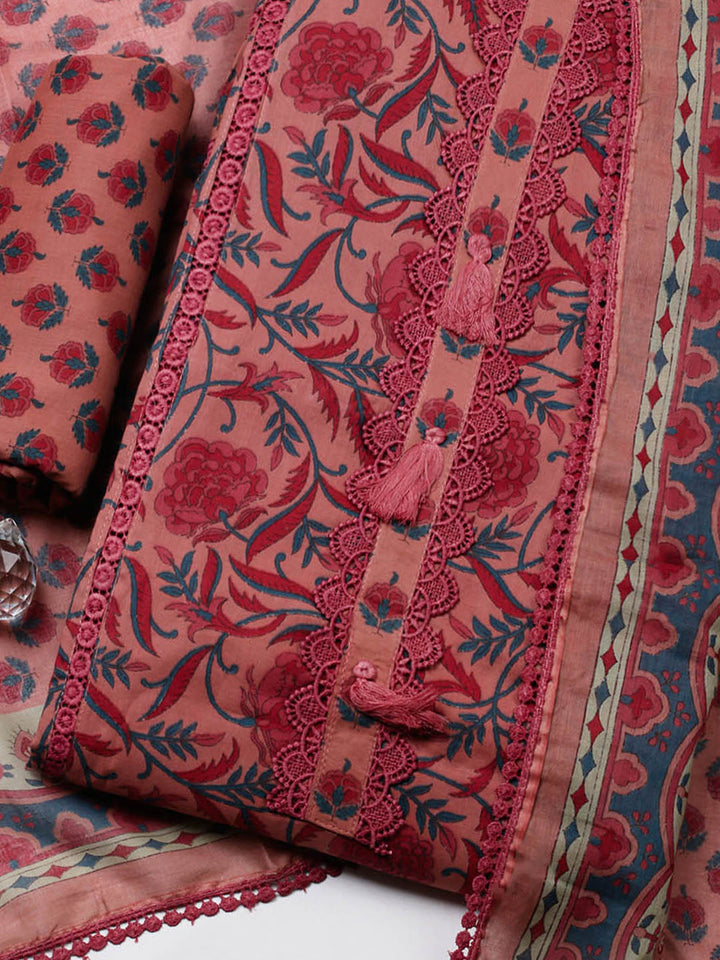 Embroidered Cotton Blend Unstitched Suit With Pant &amp; Dupatta