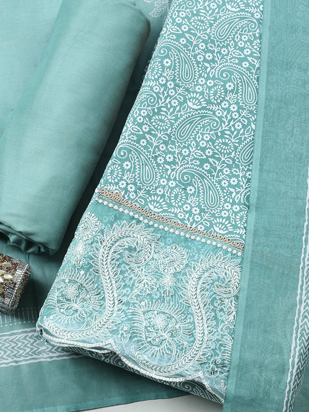 Printed Cotton Blend Unstitched Suit With Pant &amp; Dupatta