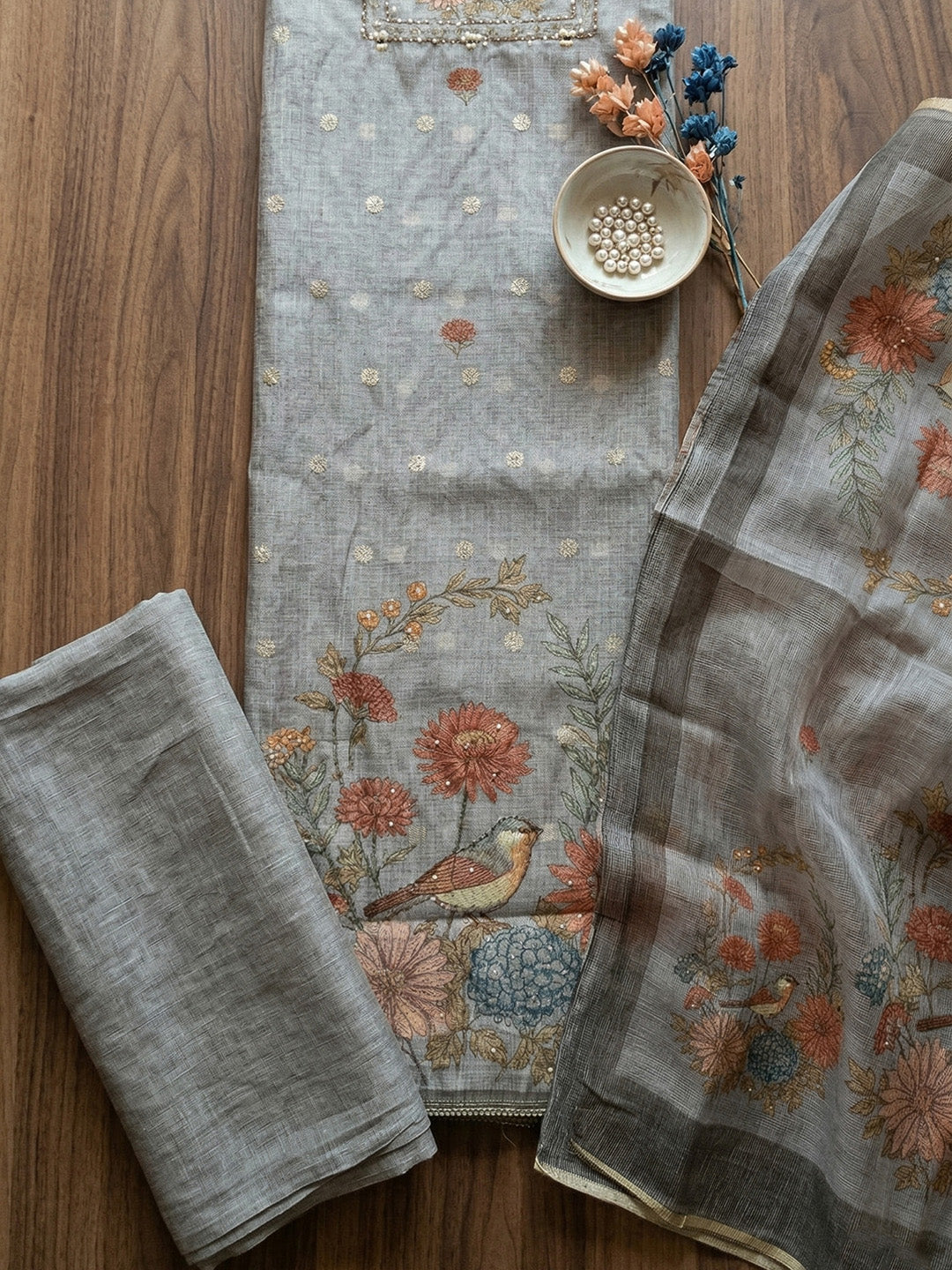 Embroidered Cotton Blend Unstitched Suit With Pant &amp; Dupatta