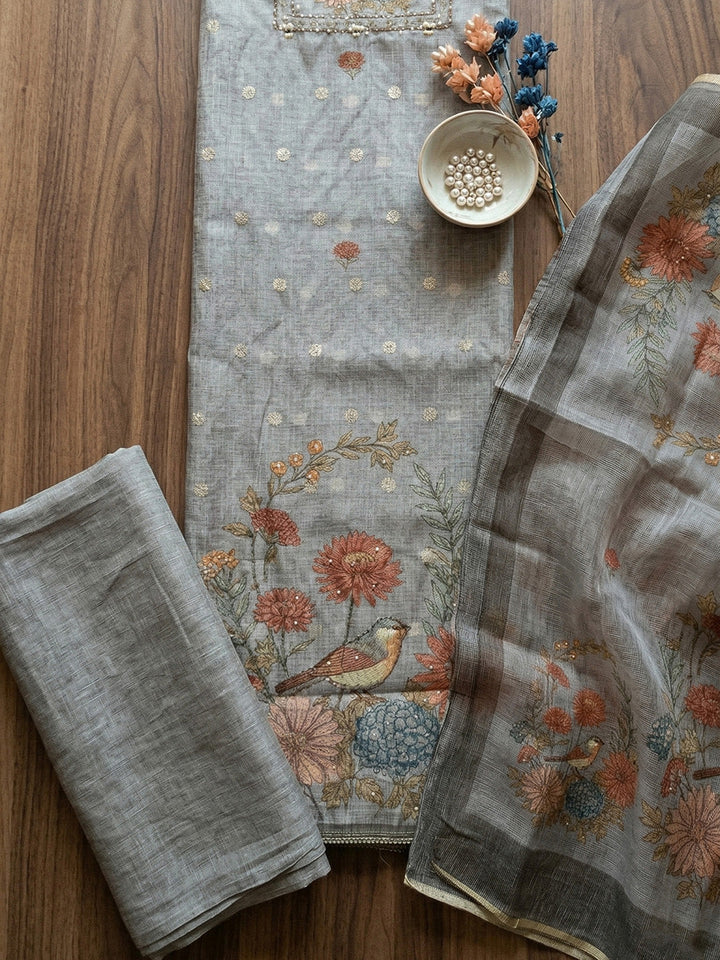 Embroidered Cotton Blend Unstitched Suit With Pant &amp; Dupatta