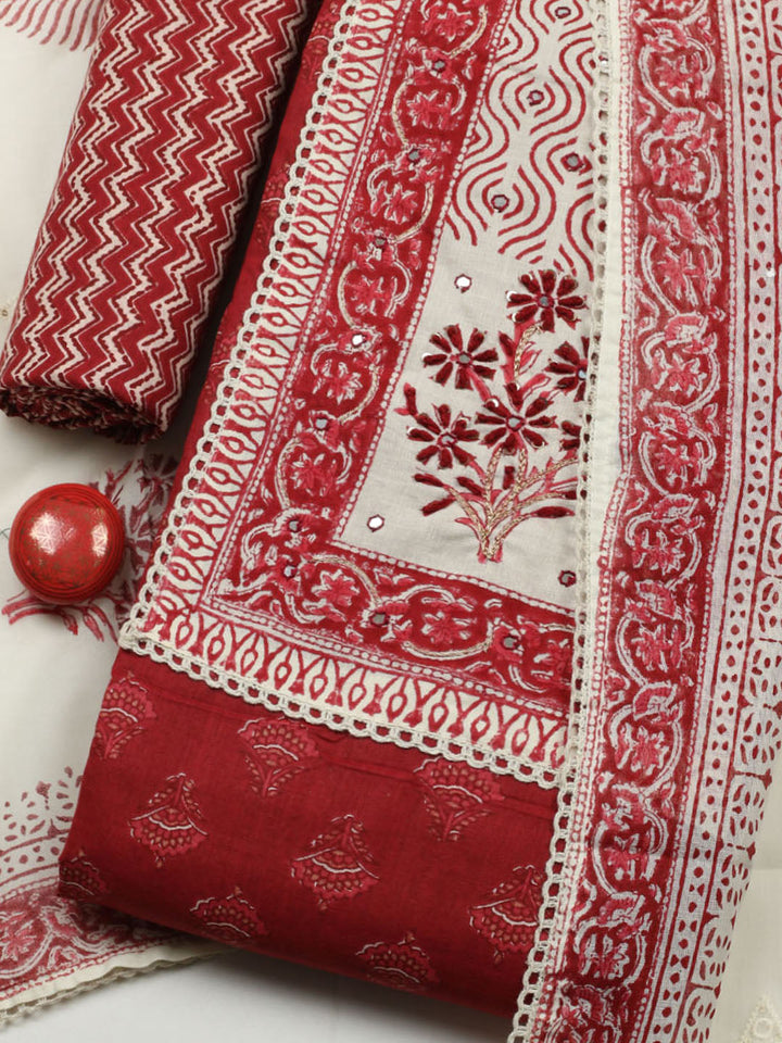 Printed Cotton Blend Unstitched Suit With Pant &amp; Dupatta