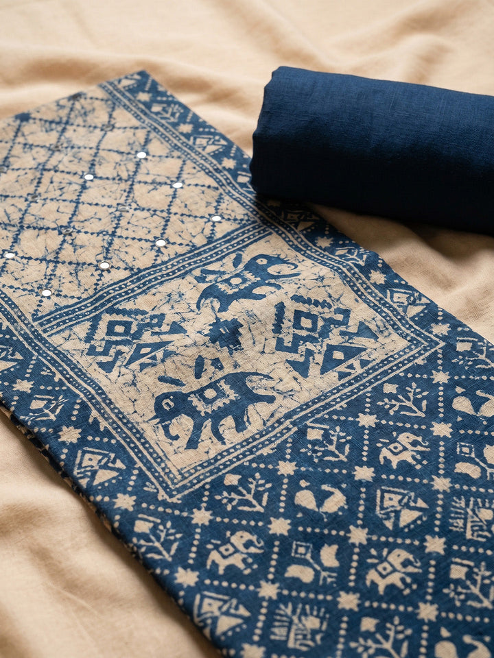 Printed Cotton Blend Unstitched Suit With Pant &amp; Dupatta
