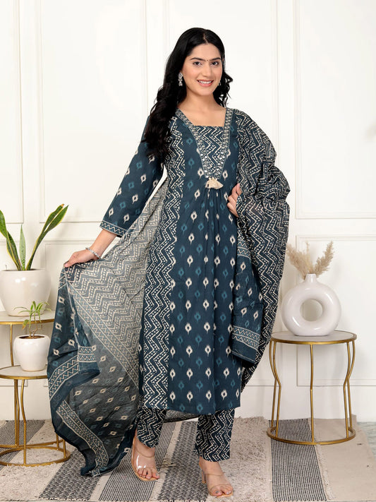 Printed Cotton Blend Kurta With Pants & Dupatta