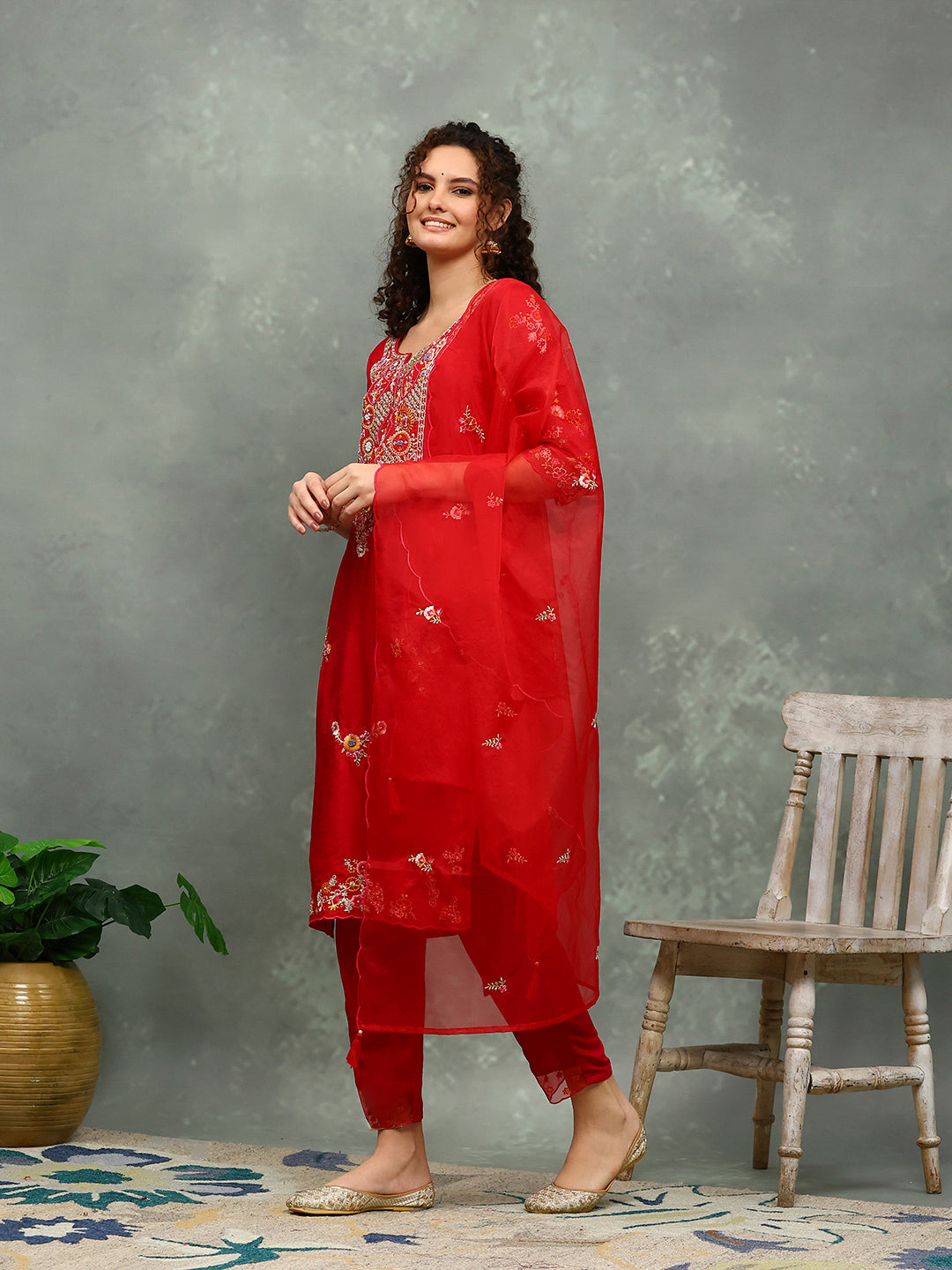 Resham Work Art Silk Kurta With Pants &amp; Dupatta