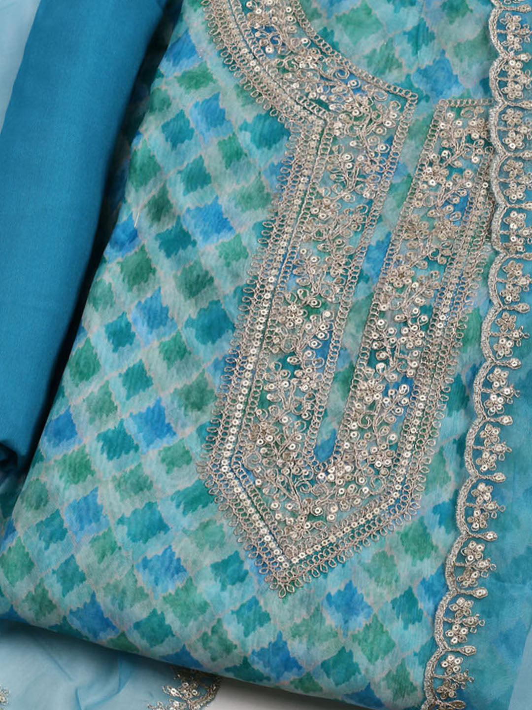 Neck Embroidered &amp; Printed Organza Unstitched Suit With Dupatta