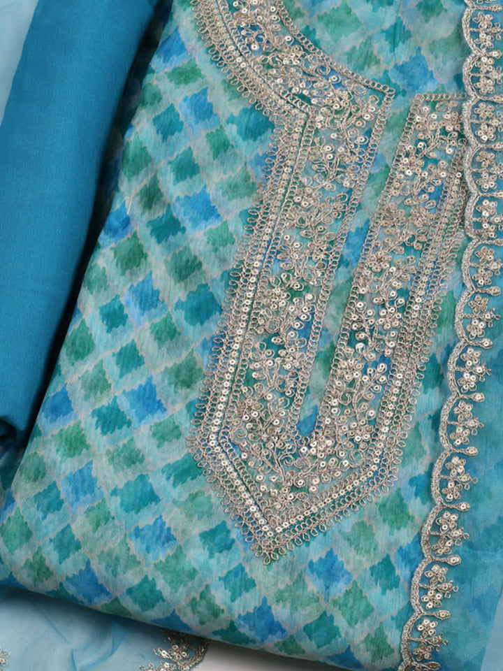 Neck Embroidered &amp; Printed Organza Unstitched Suit With Dupatta