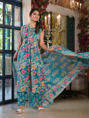 Printed Cotton Blend Kurta With Pants & Dupatta