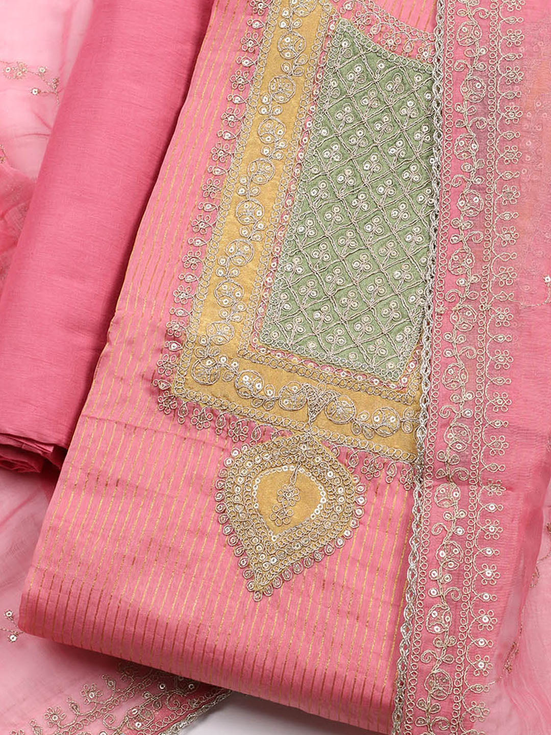 Neck Embroidered Chanderi Unstitched Suit With Dupatta