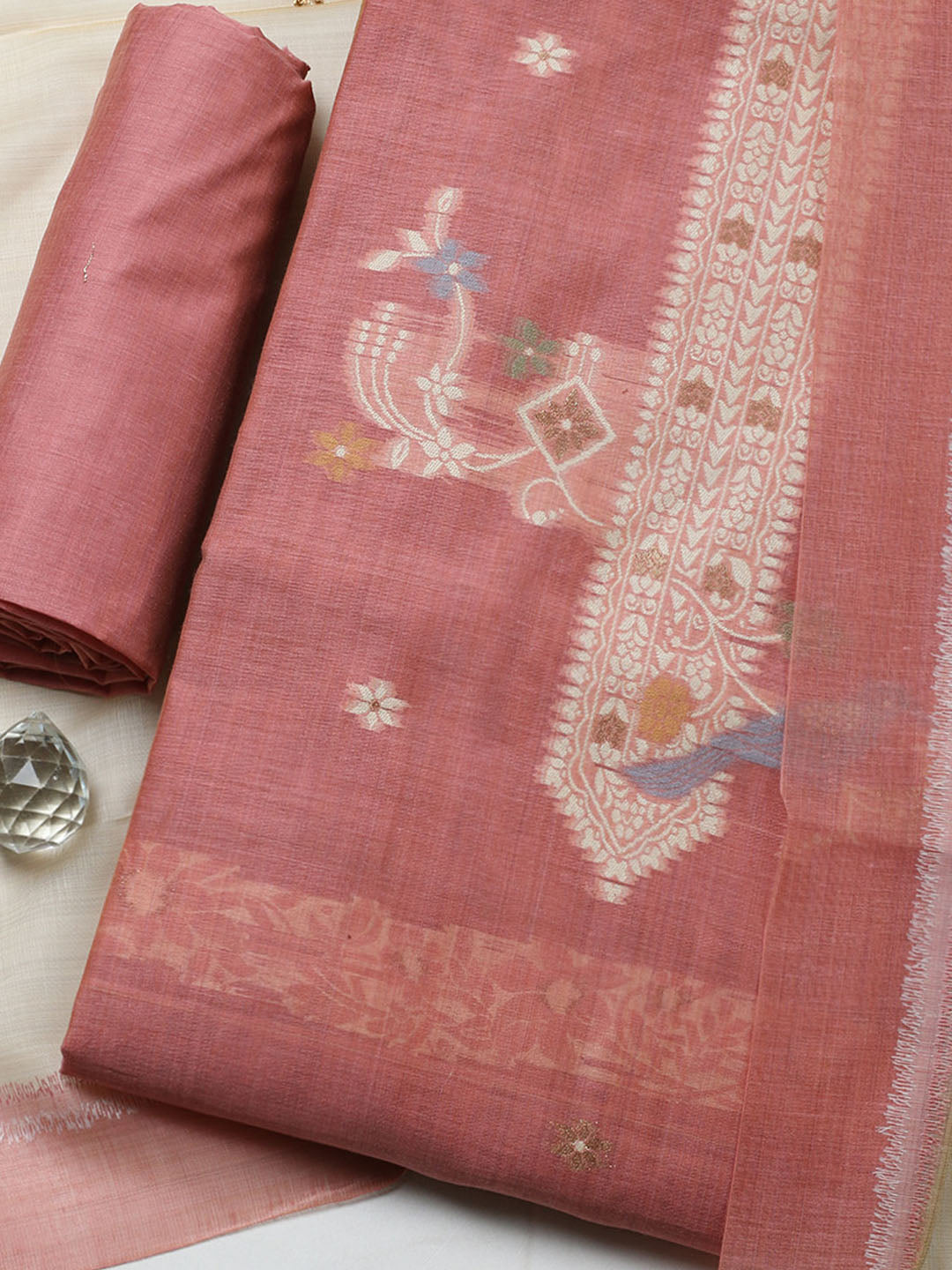 Printed Chanderi Unstitched Suit With Pant &amp; Dupatta