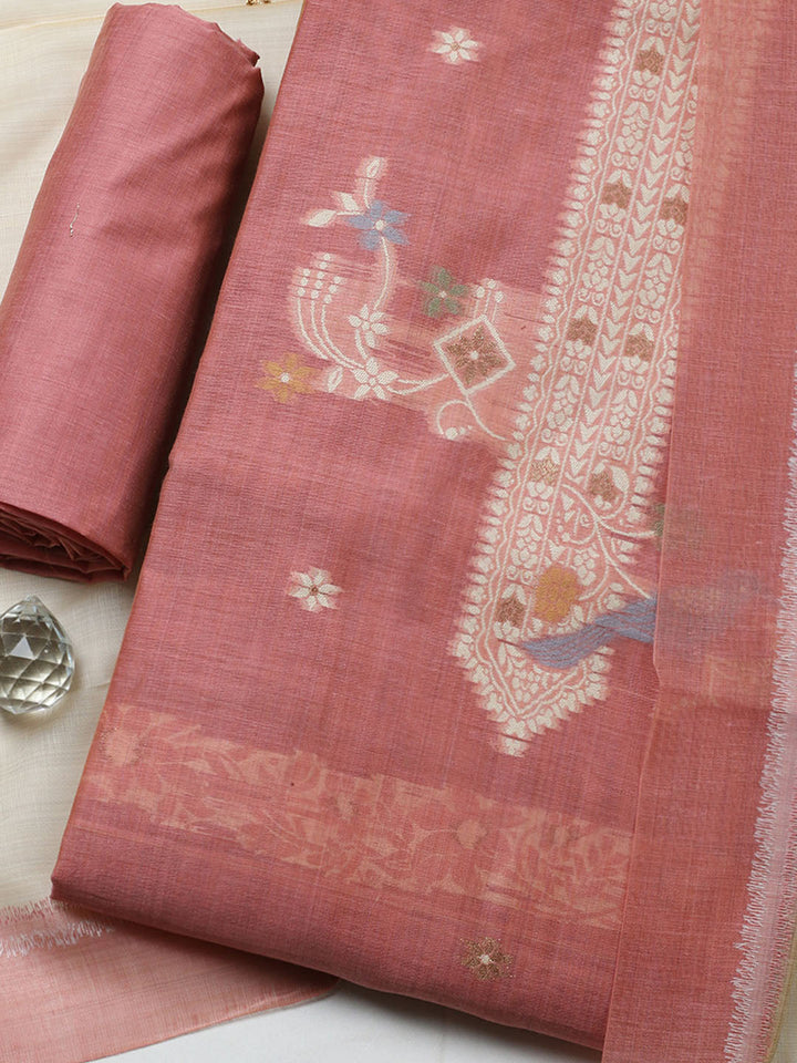 Printed Chanderi Unstitched Suit With Pant &amp; Dupatta