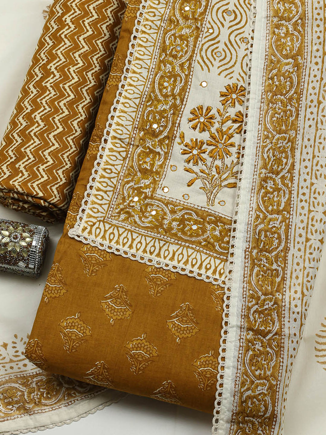 Printed Cotton Blend Unstitched Suit With Pant &amp; Dupatta