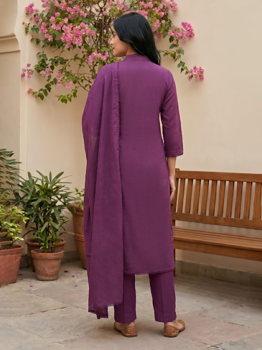 Lavender Embroidered Cotton Blend Straight Round Neck Suit Set