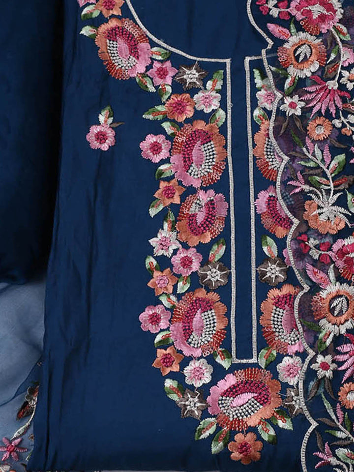 Embroidered Chanderi Unstitched Suit With Pant &amp; Dupatta