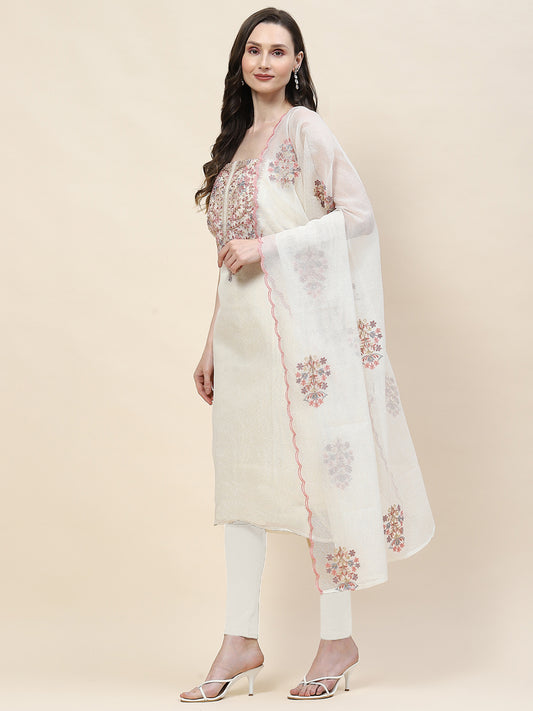 Neck Embroidery Kota Cotton Unstitched Suit Piece With Dupatta