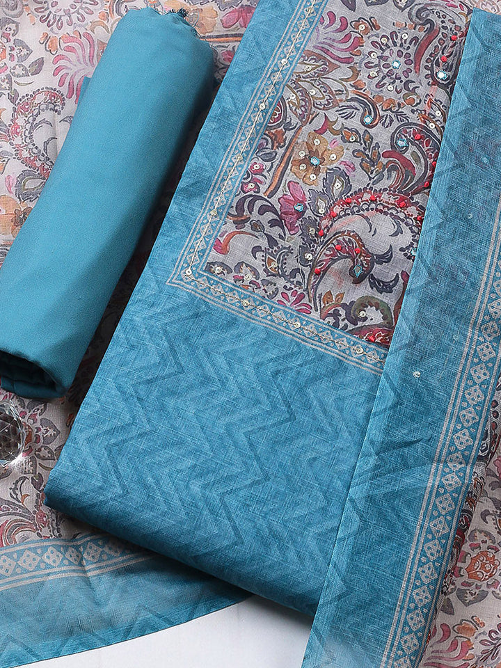 Embroidered Chanderi Unstitched Suit With Pant &amp; Dupatta