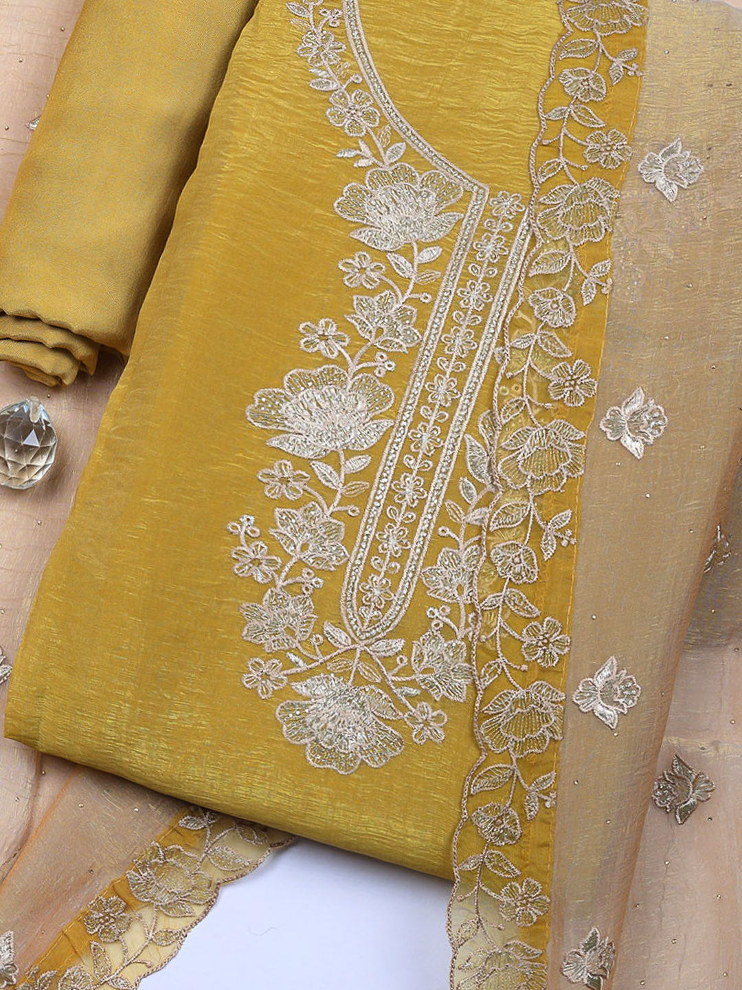 Embroidered Tissue Unstitched Suit With Pant &amp; Dupatta