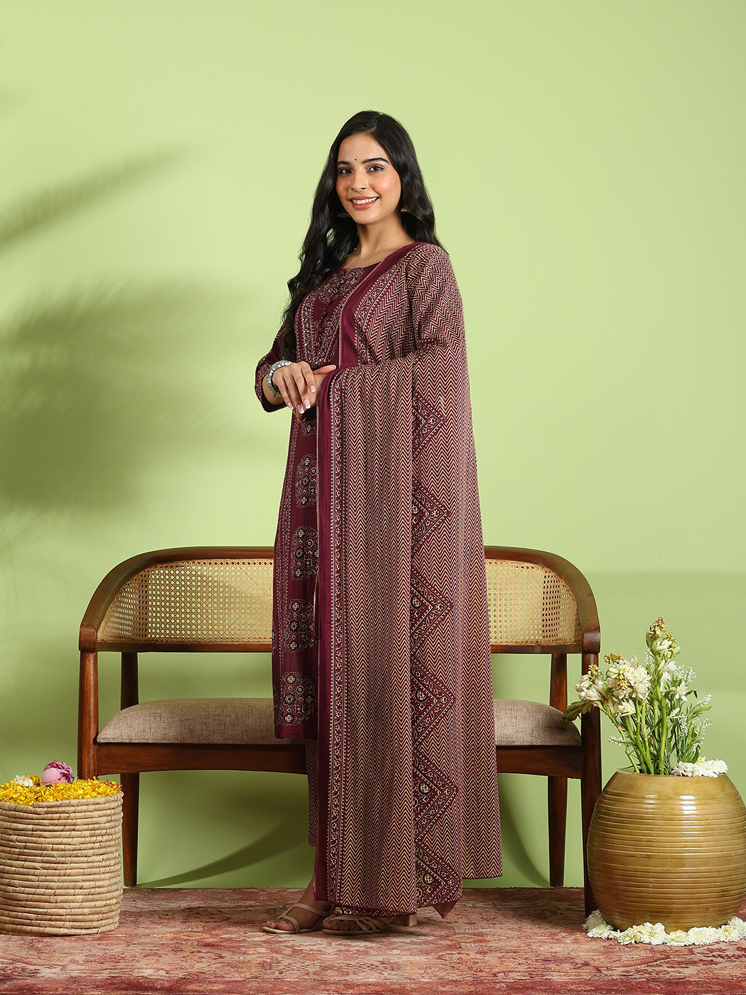 Printed Cotton Kurta With Pant &amp; Dupatta