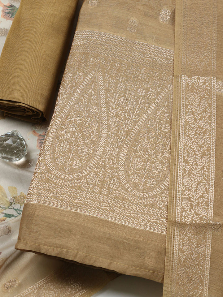 Embroidered Chanderi Unstitched Suit With Pant &amp; Dupatta
