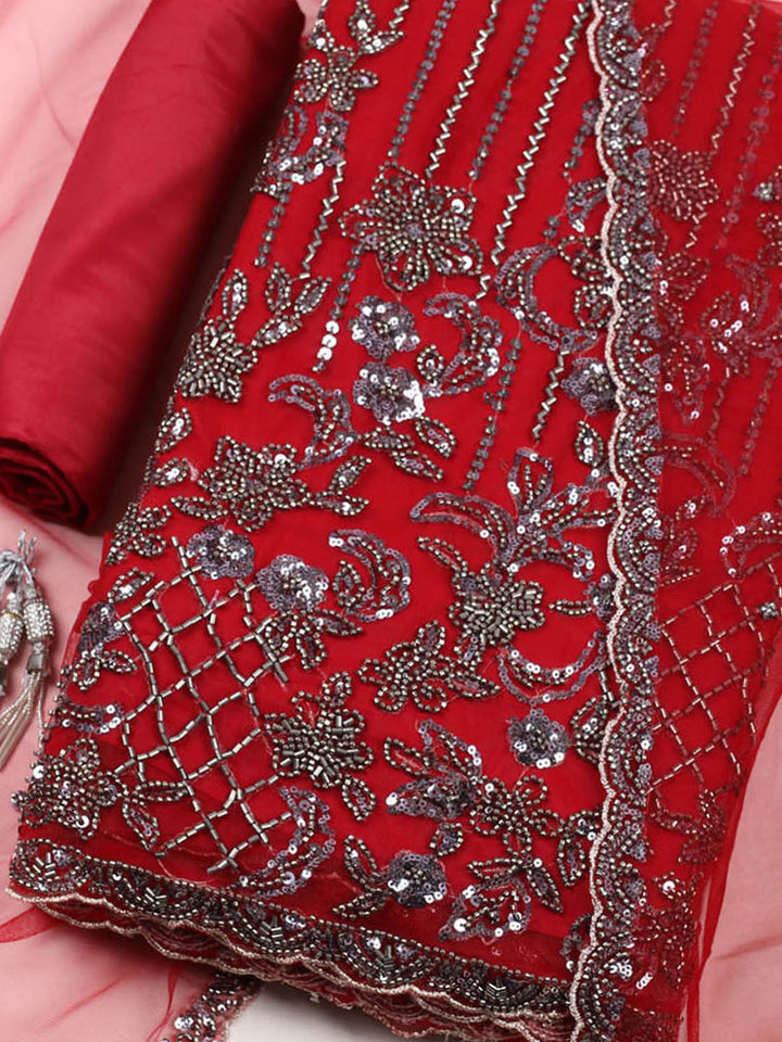 Embroidered Net Unstitched Suit With Pant &amp; Dupatta