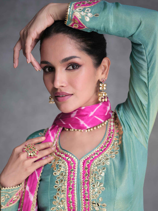 Embroidered Sequin Organza Silk Kurta With Palazzo And Dupatta