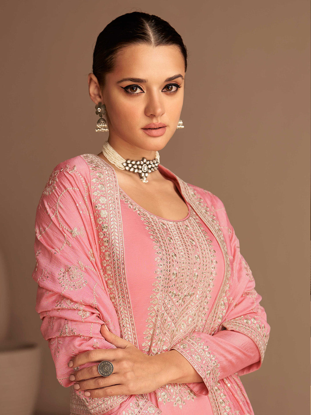 Embroidered Silk Semi Stitched Suit With Pant &amp; Dupatta