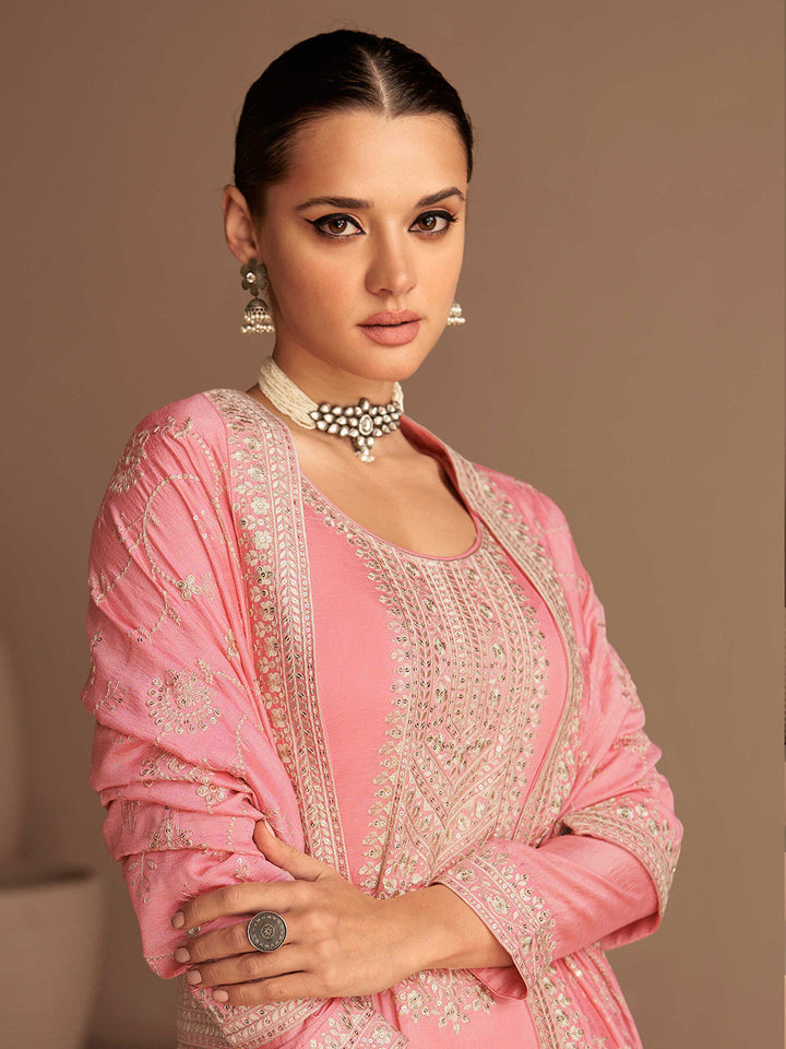 Embroidered Silk Semi Stitched Suit With Pant &amp; Dupatta