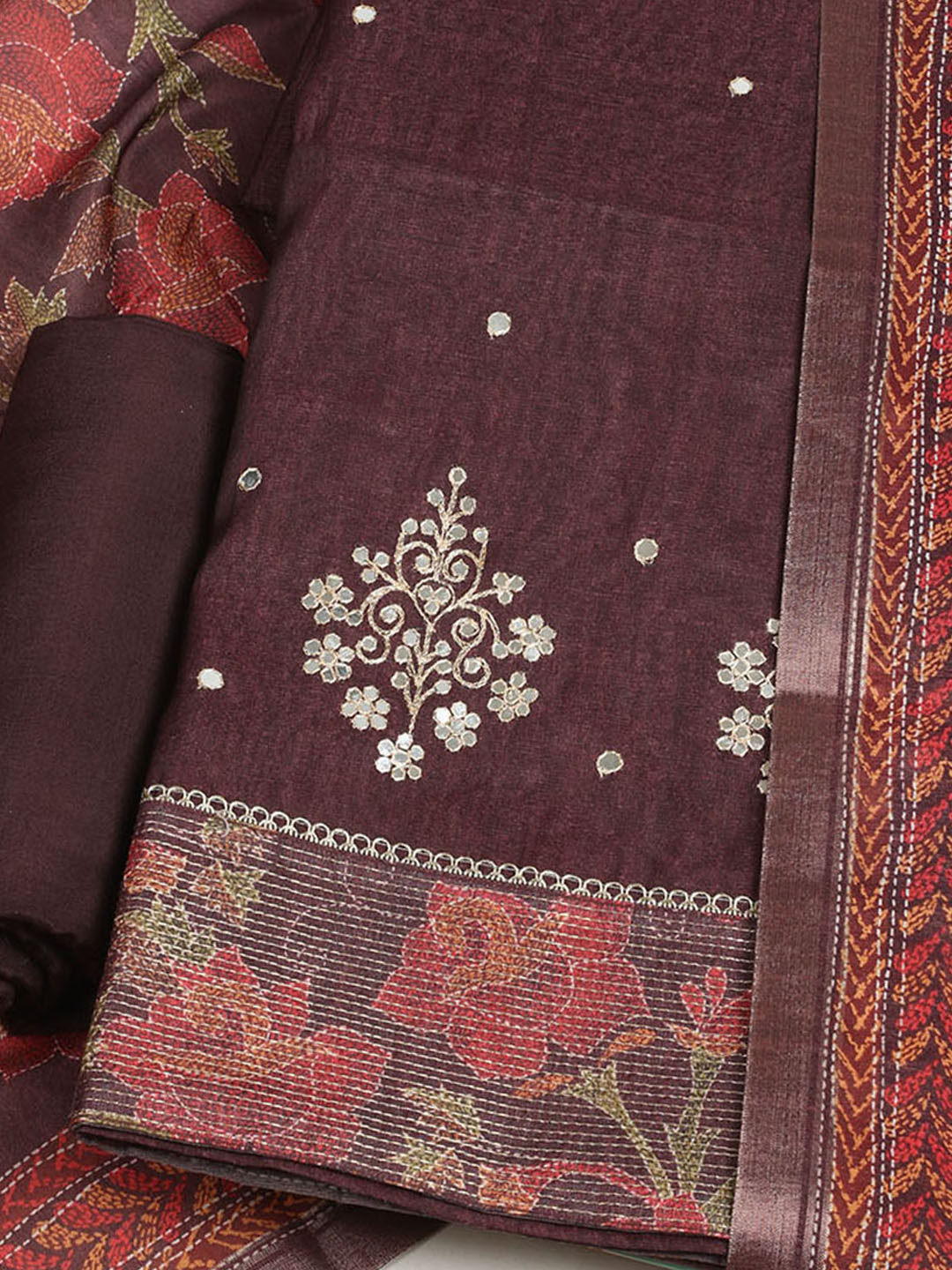 Embroidered Tussar Unstitched Suit With Dupatta