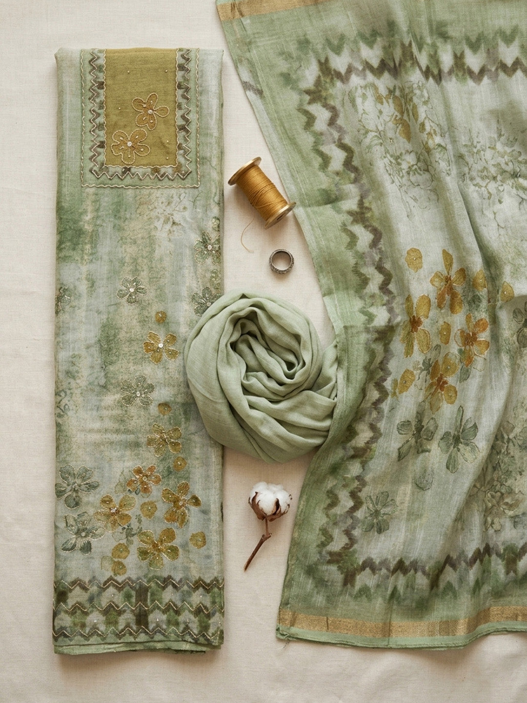 Printed Linen Blend Unstitched Suit With Pant &amp; Dupatta